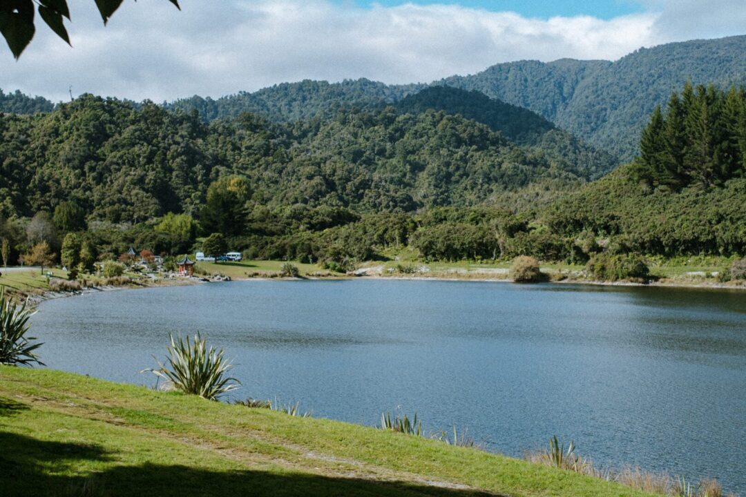 晴れの日の田舎の小さな湖